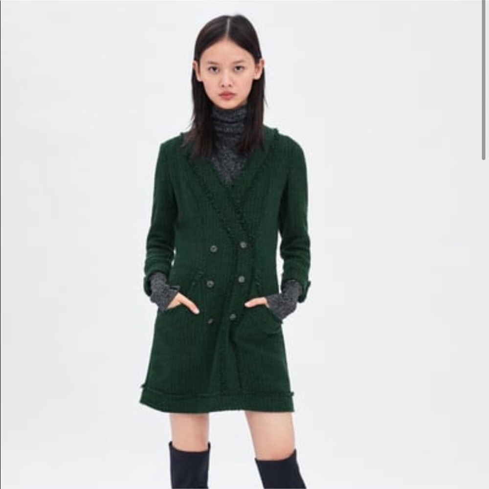 ZARA Green Tweed Dress with Gemstone Buttons S NWT